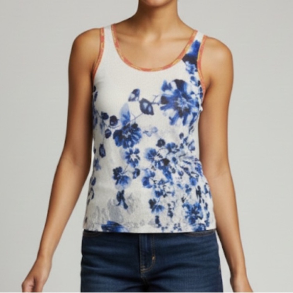 Fuzzi Mesh Sheer Tank Top Blouse Floral Stretch Size Large White Blue Orange